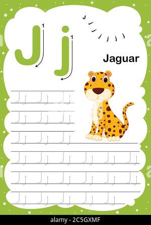 Bunte Buchstabe J groß- und Kleinbuchstaben Alphabet A-Z, Tracing und Schreiben täglich druckbare A4 Praxis Arbeitsblatt mit niedlichen Cartoon Tiere - Vektor i Stock Vektor