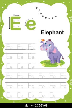 Bunte Buchstaben E groß- und Kleinbuchstaben Alphabet A-Z, Tracing und Schreiben täglich druckbare A4 Praxis Arbeitsblatt mit niedlichen Cartoon Tiere - Vektor i Stock Vektor