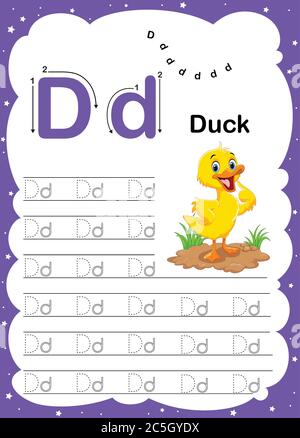 Bunte Buchstaben d Groß-und Kleinbuchstaben Alphabet A-Z, Tracing und Schreiben täglich druckbare A4 Praxis Arbeitsblatt mit niedlichen Cartoon Tiere - Vektor i Stock Vektor