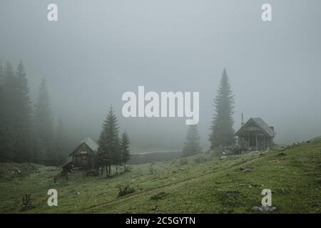 Schöner Ort mit grünen Weiden in den Bergen rund um den See Planina pri jezeru im Triglav Nationalpark in Slowenien mit traditionellen Holzhütten Stockfoto