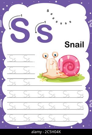 Bunte Buchstaben s Groß-und Kleinbuchstaben Alphabet A-Z, Tracing und Schreiben täglich druckbare A4 Praxis Arbeitsblatt mit niedlichen Cartoon Tiere - Vektor i Stock Vektor