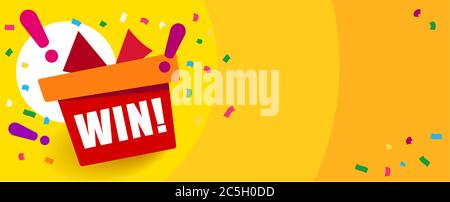 Heller orangefarbener Hintergrund mit Text Win Geschenk-Box und Ausrufezeichen. Herzlichen Glückwunsch, Banner für den Gewinn. Feuerwerk oder Konfetti herum. Stock Vektor