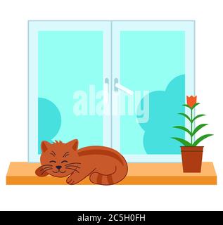 Nette Haustier Katze schläft im Fenster.Flat Design-Stil. Isoliert auf weißem Hintergrund. Vektorgrafik. Stock Vektor