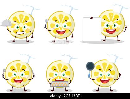 Cartoon-Charakter der Zitronenscheibe mit verschiedenen Chef Emoticons Stock Vektor