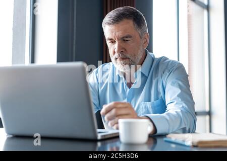 Reife Geschäftsmann arbeiten auf Laptop. Schöner reifer Geschäftsleiter sitzt in einem modernen Büro Stockfoto