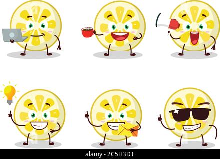 Zitrone Scheibe Cartoon-Charakter mit verschiedenen Arten von Business-Emoticons Stock Vektor