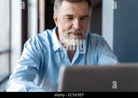 Reife Geschäftsmann arbeiten auf Laptop. Schöner reifer Geschäftsleiter sitzt in einem modernen Büro Stockfoto