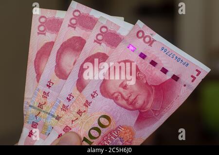 Personen Hand, die die Währung des China - ein rotes hundert Renminbi oder Yuan Noten verteilt auf einem braunen Hintergrund. Geldwechsel. Stockfoto