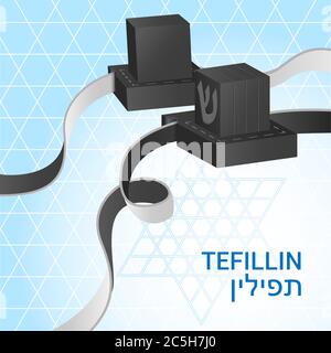 Tefillin Illustration - zwei schwarze Boxen, eine mit Brief Shin auf der Seite, lange Bänder. Jüdische traditionelle religiöse Gegenstände für männliche Gebete. Vektor-Abb. Stock Vektor