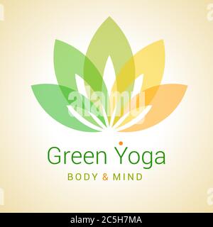 Bunte fünf-Blütenblätter Lotusblume als Symbol des Yoga. Beispieltext - Grüner Yoga, Körper und Geist. Vektor-Illustration für Yoga-Event, Schule, Club, Web. Stock Vektor