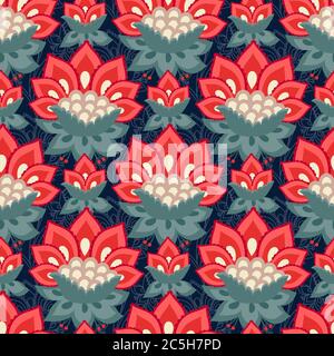 Florales Nahtloses Muster, Blumen im Jacoby-Stil. Bunte Kräuter Hintergrund. Vektorgrafik. Jacoban floral, Kräuter-Sammlung, rote Blumen. Dar Stock Vektor