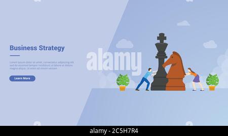 Business-Strategie Männer und Frauen spielen große Schachfiguren Kampagne für Web-Website Startseite Landung Vorlage Banner mit Cartoon-Stil. Stock Vektor