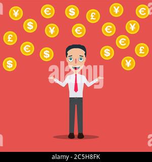 Geschäftsmann Cartoon Charakter Symbol isoliert Design Vorlage Vektor Illustration Raining Geld Stock Vektor