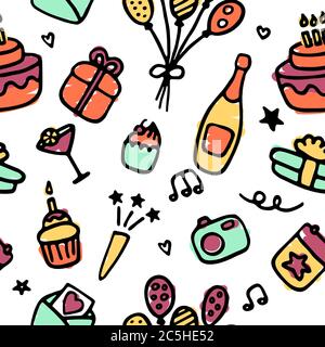Urlaub, Geburtstag nahtlose Muster. Symbol für Geburtstagsfeier eingestellt. Handgezeichnete Abbildung. Vektor Stock Vektor