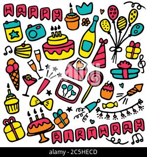 Doodle Geburtstag Set Symbole. Handgezeichnete Zeichen für den Urlaub. Vektor Stock Vektor