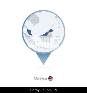 Kartenstecknadel mit detaillierter Karte von Malaysia und den Nachbarländern. Stock Vektor