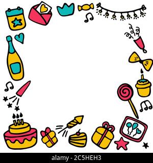 Geburtstagsrahmen. Feier b-Tag Icon Set. Handgezeichnete Elemente. Vektor Stock Vektor