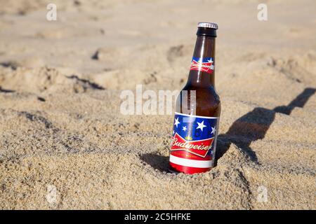 ALTER OBSTGARTEN STRAND, USA - 03. September 2014: Eine kalte Flasche Budweiser im Sand an einem heißen Sommertag. Bud wurde 1876 eingeführt und ist ein bester s Stockfoto