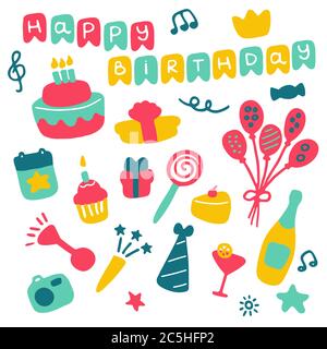 Doodle Geburtstag Set Symbole. Handgezeichnete Zeichen für den Urlaub. Vektor Stock Vektor