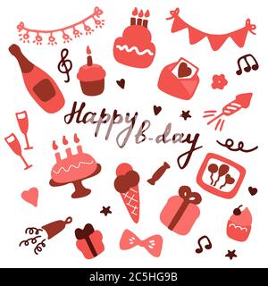 Symbol für Geburtsparty festgelegt. Handgezeichnete Elemente für Banner, Karte, Einladung, Verpackung, digital. Vektor Stock Vektor