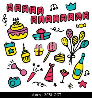 Doodle Geburtstag Set Symbole. Handgezeichnete Zeichen für den Urlaub. Vektor Stock Vektor