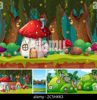 Vier verschiedene Szenen der Fantasy-Welt mit Fantasy-Orte wie Pilz Haus Illustration Stock Vektor