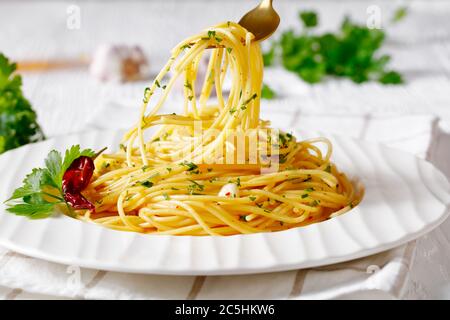 Spaghetti con la colatura di alici, Spaghetti mit Sardellensoße, Pimento-Pfeffer, Knoblauch und Petersilie auf einem weißen Teller und auf einer goldenen Gabel, Landschaft Stockfoto