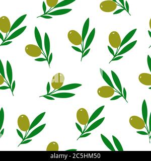 Olivgrün-Nahtloses Muster. Kosmetik-Inhaltsstoff. Nähröl für Hautpflege und Gesundheit. Handgezeichnete Ikone von Olive und handgeschriebene Inschrift. Vektor Stock Vektor