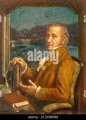 ALESSANDRO VOLTA (1745-1827) Italienischer Physiker mit einer seiner Batterien Stockfoto