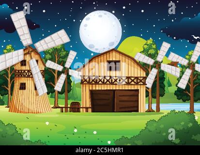 Farmszene mit Scheune und Mühle bei Nacht Illustration Stock Vektor