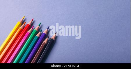 Bunte Pensils auf grauem Hintergrund. Bleistifte für die Schule. Stockfoto