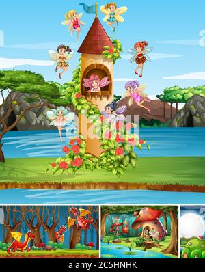 Vier verschiedene Szene der Fantasy-Welt mit Fantasy-Orte und Fantasy-Charaktere Illustration Stock Vektor