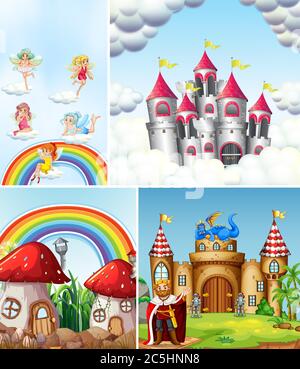Vier verschiedene Szenen der Fantasy-Welt mit Fantasy-Orte und Fantasy-Charaktere wie faries und König mit Schloss Illustration Stock Vektor