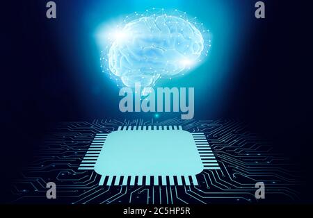 AI. 3D-Rendering von Gloving Digital Human Brain mit Polygonal-Verbindungen Stockfoto
