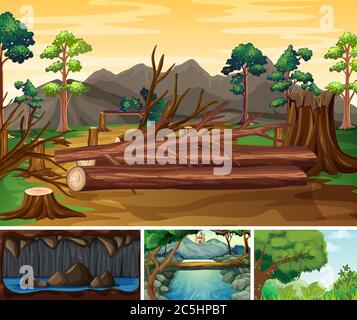Vier verschiedene Naturkatastrophen Szenen von Wald Cartoon Stil Illustration Stock Vektor