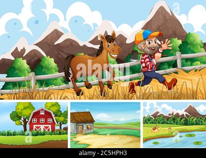 Set von verschiedenen Farmszenen mit Tierfarm Cartoon Stil Illustration Stock Vektor
