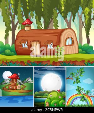 Vier verschiedene Szenen der Fantasy-Welt mit Fantasy-Orte wie Blockhaus Illustration Stock Vektor
