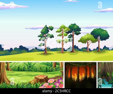 Vier verschiedene Naturkatastrophen Szenen von Wald Cartoon Stil Illustration Stock Vektor