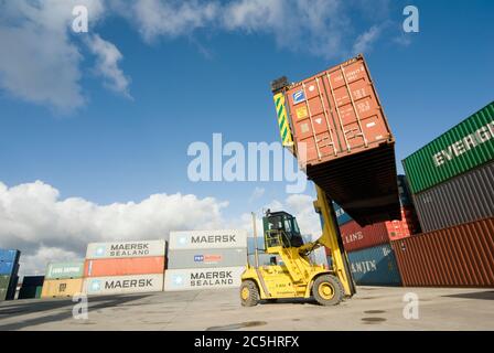 CVS Ferrari Containerhandler wird verwendet, um Transportcontainer in Manchester Euroterminal, Trafford Park, Manchester, England zu bewegen. Stockfoto