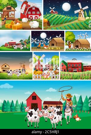 Set von verschiedenen Farmszenen mit Tierfarm Cartoon Stil Illustration Stock Vektor