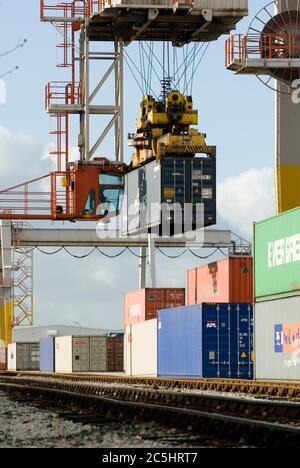 Der Kran wird auf der Schiene montiert und zum Be- und Entladen von Transportcontainern im Manchester Euroterminal, Trafford Park, Manchester, England verwendet. Stockfoto