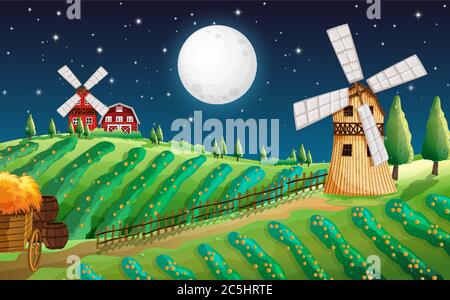 Farmszene mit Scheune und Mühle bei Nacht Illustration Stock Vektor