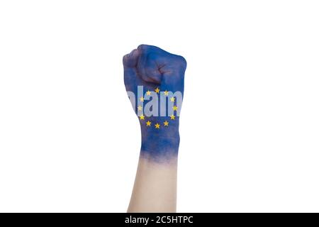 Geballte Menschliche Faust Mit Der Flagge Der Painted Europe Union Auf Weißem Hintergrund Isoliert Stockfoto