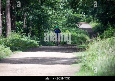 Limpsfield Chart, Surrey, 3. Juli 2020, EIN Mann auf einem Fahrrad genießt eine Woodland-Fahrt in Limpsfield Chart, Surrey. Die Wettervorhersage für heute ist 18C mit sonnigen Abständen eine mäßige Brise, dicke Wolke wird für das Wochenende prognostiziert.Quelle: Keith Larby/Alamy Live News Stockfoto