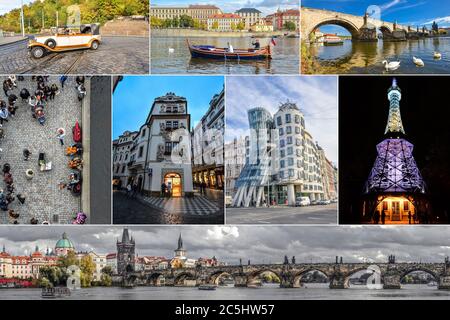 Prag, Tschechische Republik - 12. Dezember 2019: Collage von Wahrzeichen von Prag, Tschechische Republik Stockfoto