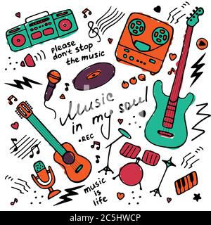 Sammlung von handgezeichneten Symbolen. Musikalisches Thema. Ikonen der Musikinstrumente. Handgeschriebene Inschrift Musik in meiner Seele. Vektor Stock Vektor
