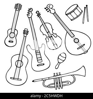 Eine Reihe von handgezeichneten Musikinstrumenten. Doodle Elemente von Gitarre, E-Gitarre, Ukulele, Trompete, Maracas, Domra, Violine. Vektor Stock Vektor