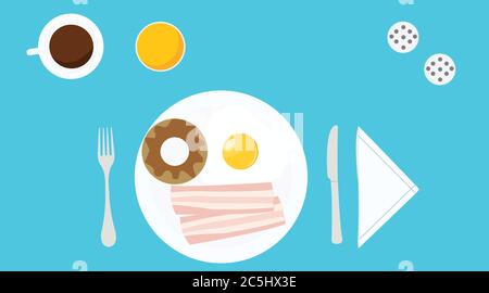 Vektor-Illustration von Frühstück mit Kaffee, Orangensaft, Salz, Pfeffer, Gabel, Messer, Teller, Spiegelei, Bagel oder Donut und Speck Stock Vektor