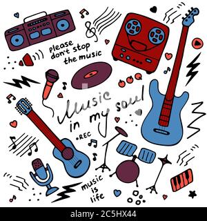 Set von musikalischen Emblem. Flache Illustrationen für Digital und Print. Musiksymbole eingestellt. Handgeschriebene Inschrift Musik in meiner Seele. Vektor Stock Vektor