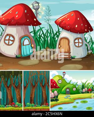 Vier verschiedene Szene der Fantasy-Welt mit Fantasy-Vilage und Wald bei Nacht Szene Illustration Stock Vektor